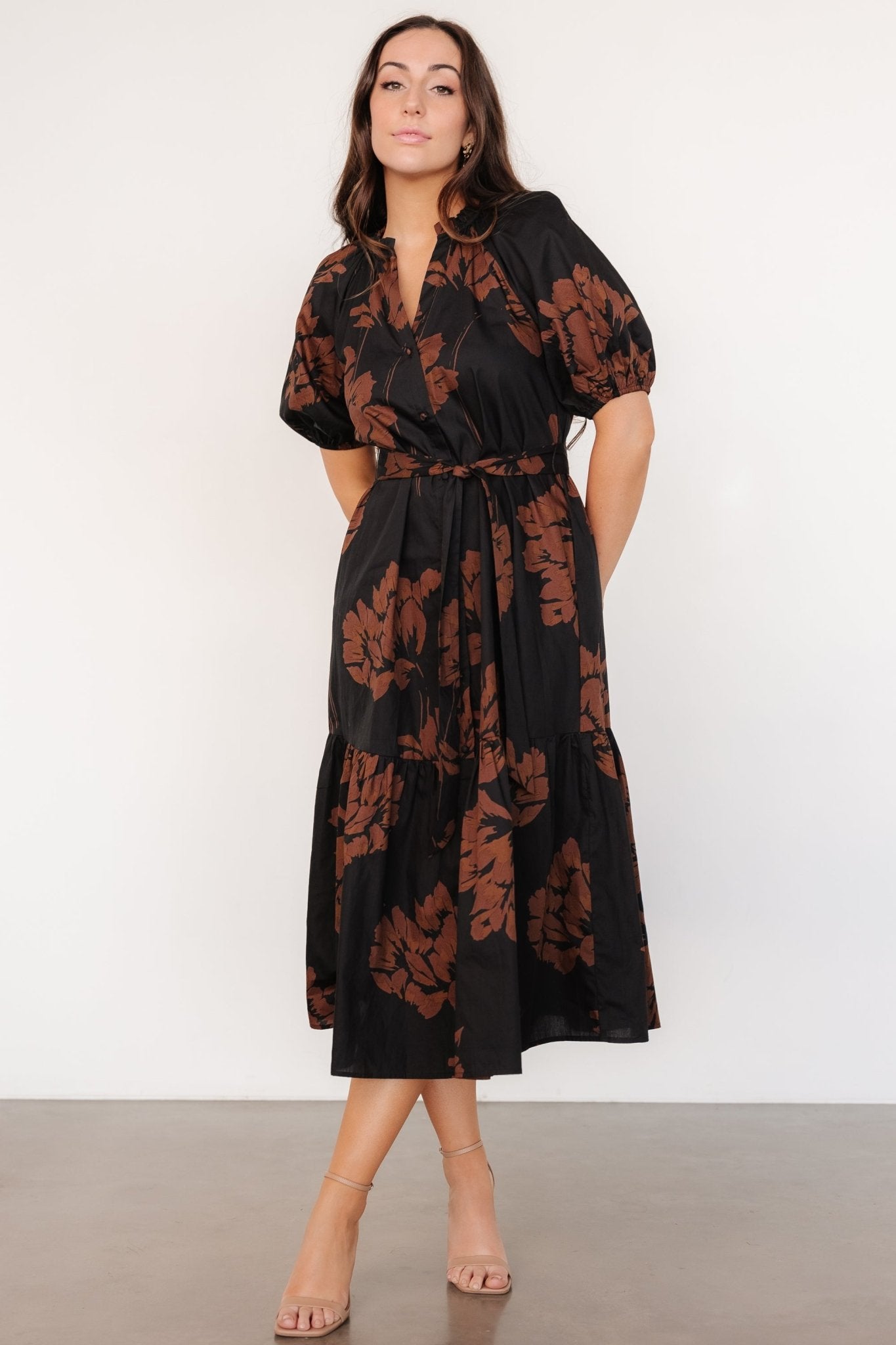 Prescott Midi Dress | Black + Brown Floral - Baltic Born