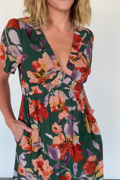 Cassie Short Sleeve Dress | Dark Green Floral