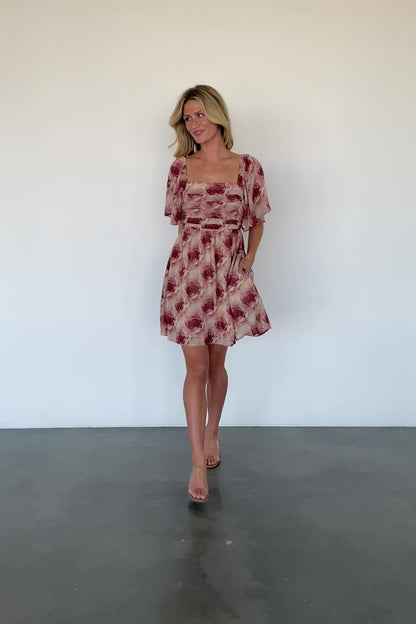 Jaycee Pleated Short Dress | Cream + Burgundy Floral