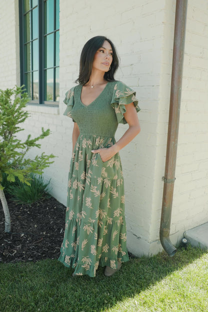Estelle Smocked Midi Dress | Green + Tan Print