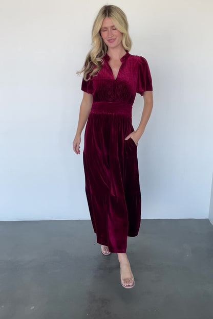 Maida Embroidered Velvet Dress | Cranberry