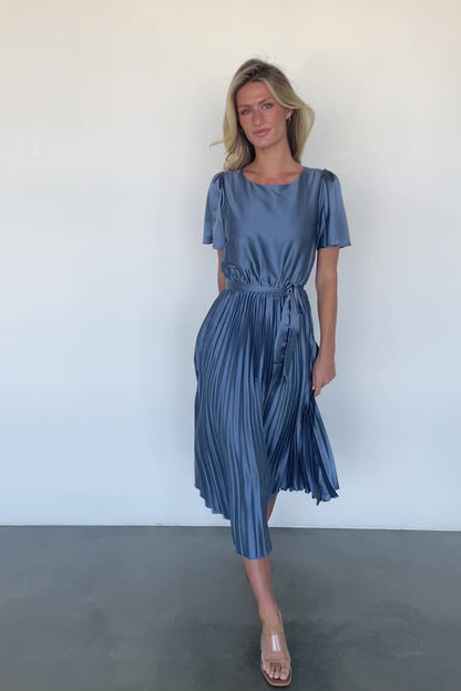 Adelaide Pleated Satin Dress | Blue