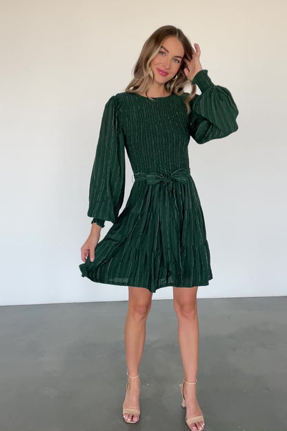 Ivey Smocked Short Dress | Dark Green + Silver