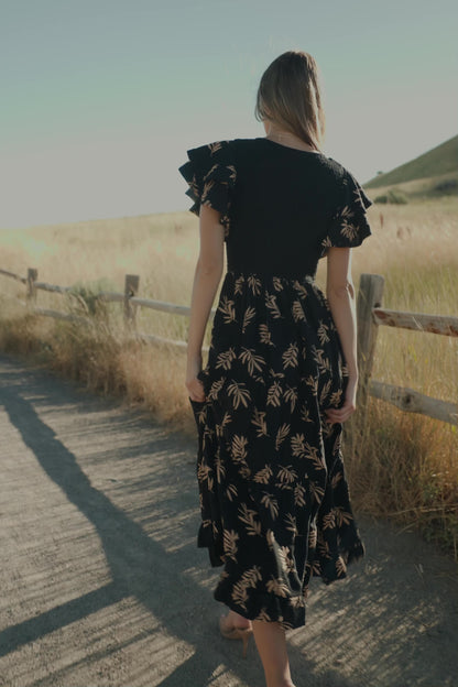 Estelle Smocked Midi Dress | Black + Tan Print