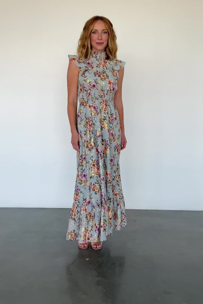 Kearny Ruffle Maxi Dress | Light Blue Floral + Gold