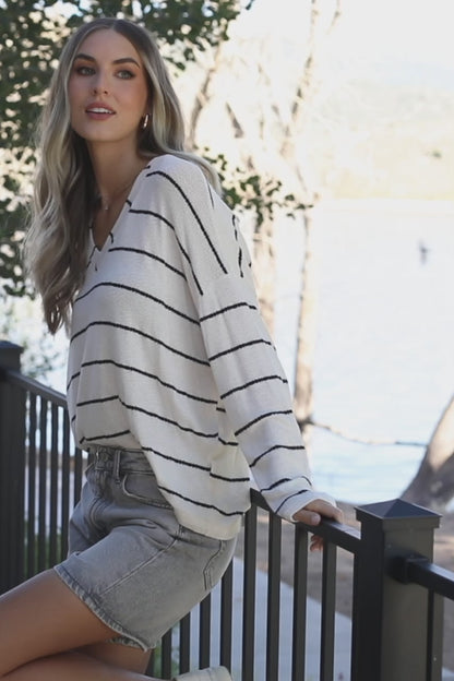 Houston Relaxed Sweater Top | Ivory Stripe