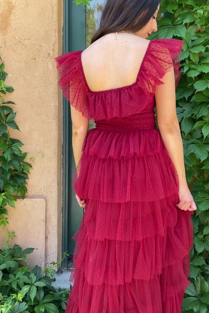 Valora Swiss Dot Tulle Maxi Dress | Wine