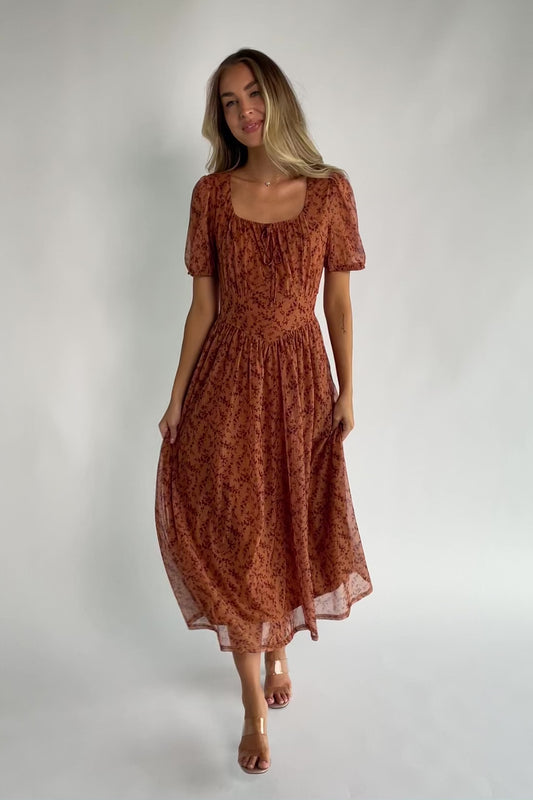 Spice floral mesh midi dress with a square neckline, short puff sleeves, fitted bodice, waist panel, and flowing midi skirt.