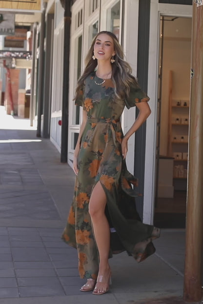 Agnes Satin Maxi Dress | Olive Floral