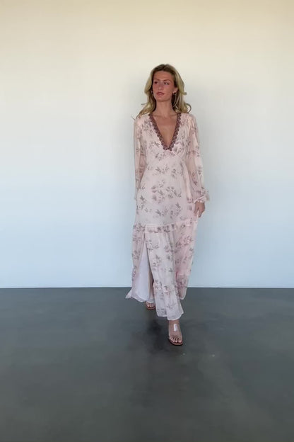 Rumi Deep V Maxi Dress | Beige + Clove Floral