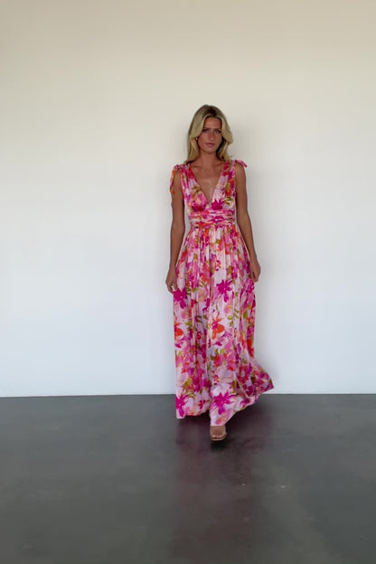 Zoe Tie Maxi Dress | Pink Multi