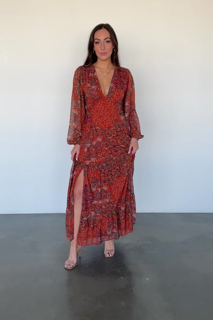 Bowman Deep V Maxi Dress | Rust Multi