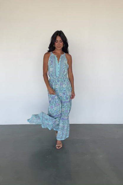 Meline Button Front Maxi Dress | Light Blue Multi