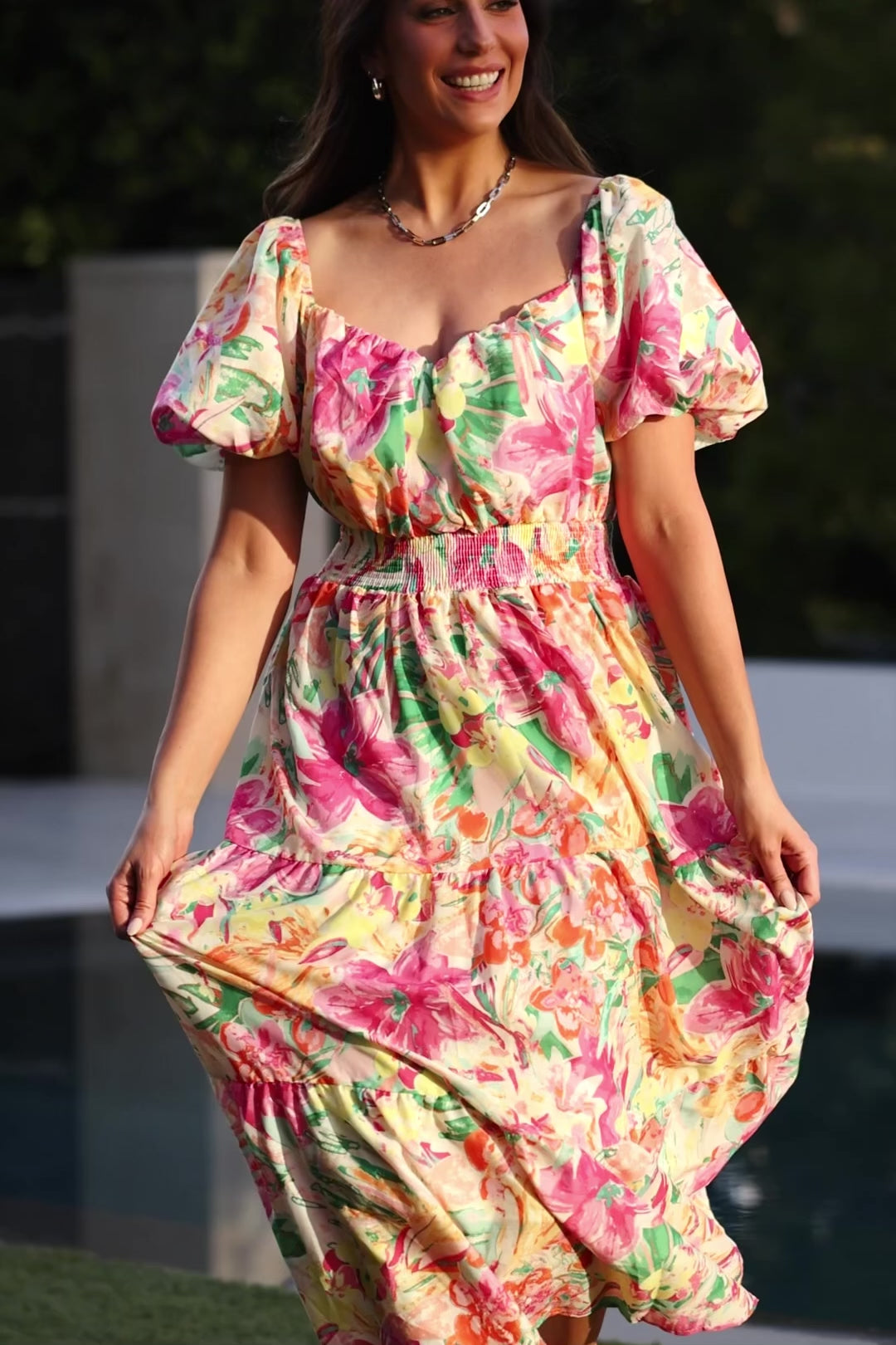 NAVINS Women's Floral Midi Dress - Boho Puff Sleeve, Tiered A-Line With Pockets, Coral Floral Print