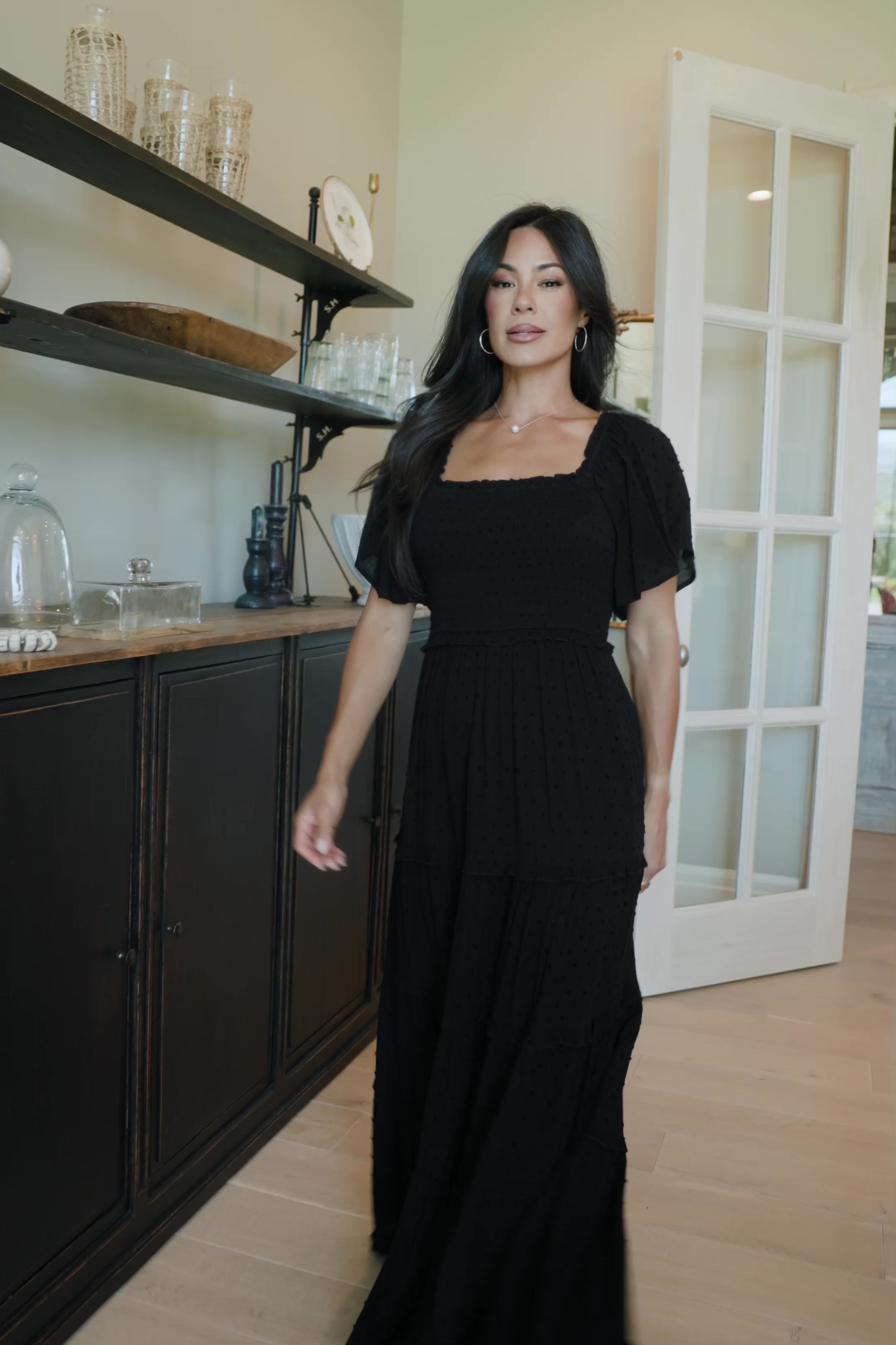 Lenora Smocked Dotted Maxi Dress | Black