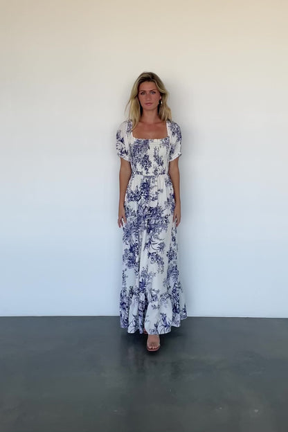 Capri Smocked Maxi Dress | Ivory + Blue Floral