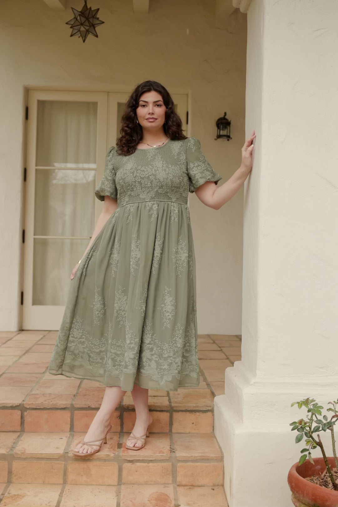 Sage Embroidery Linen Midi Dress