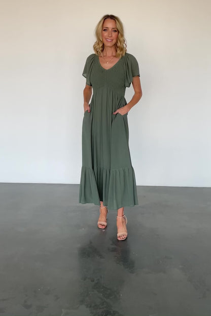 Monica Smocked Dress | Dark Sage