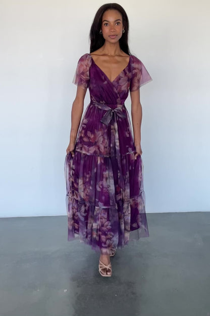 Nicola Tulle Maxi Dress | Aubergine Floral