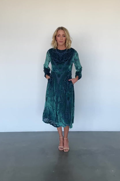 Lorielle Velvet Midi Dress | Emerald Print