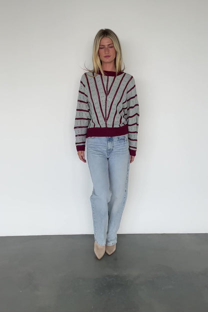 Paola Pointelle Sweater | Light Blue + Burgundy