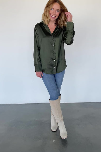 Kacey Satin Button Up Top | Dark Green