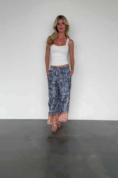 Zora Boho Satin Pants | Blue Multi Print