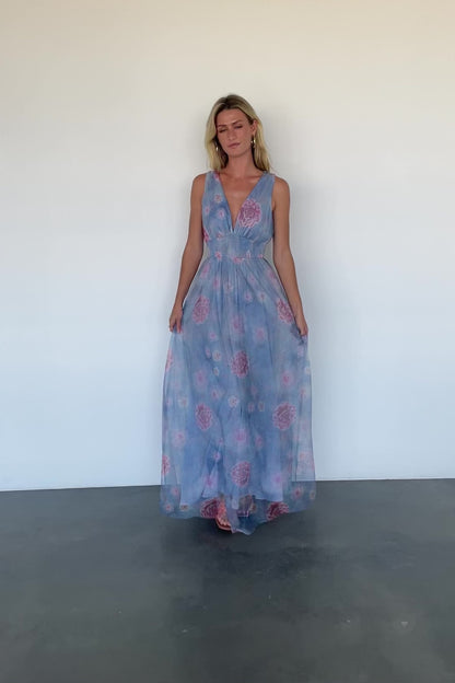 Kamila Tulle Maxi Dress | Light Blue + Pink Floral