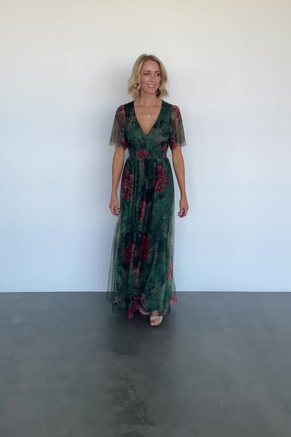 Cressida Tulle Maxi Dress | Dark Green + Red Floral