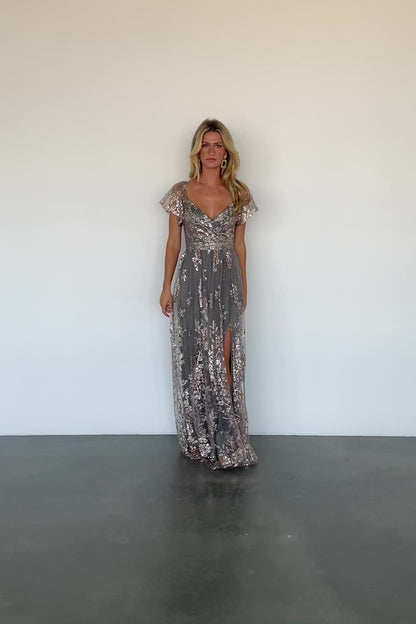 Corinne Shimmer Maxi Gown | Dark Sage + Rose Gold