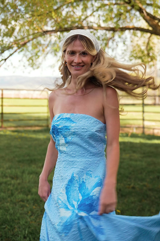 blue mesh sleeve dress Waverly Maxi Sundress – White Blue Flower Linen Blend main image 1