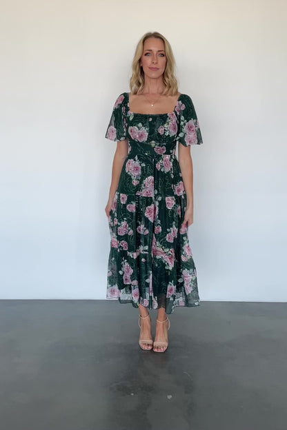 Annabeth Midi Dress | Dark Green + Pink