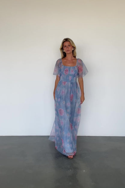 Cassandra Tulle Maxi Dress | Light Blue + Pink Floral