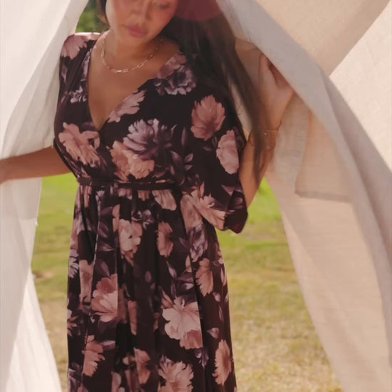 Hamilton Kimono Maxi Dress in Deep Plum Floral with surplice neckline, kimono sleeves, sash waist, and leg slit.