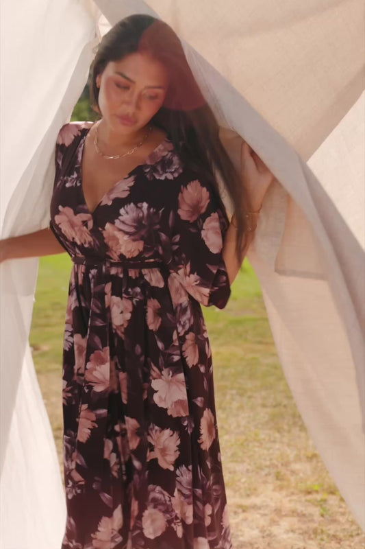 Hamilton Kimono Maxi Dress in Deep Plum Floral with surplice neckline, kimono sleeves, sash waist, and leg slit.