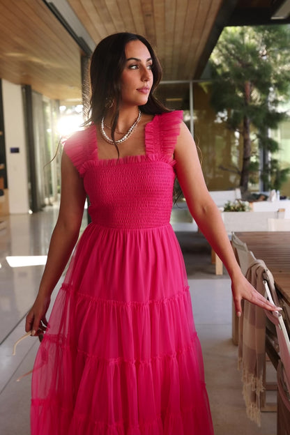 Emma Smocked Tulle Dress | Hot Pink