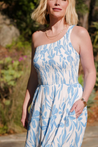 Brisa One Shoulder Midi Dress | White + Blue