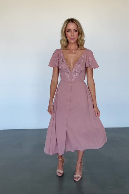 Swan Bead Embroidered Midi Dress | Dusty Rose