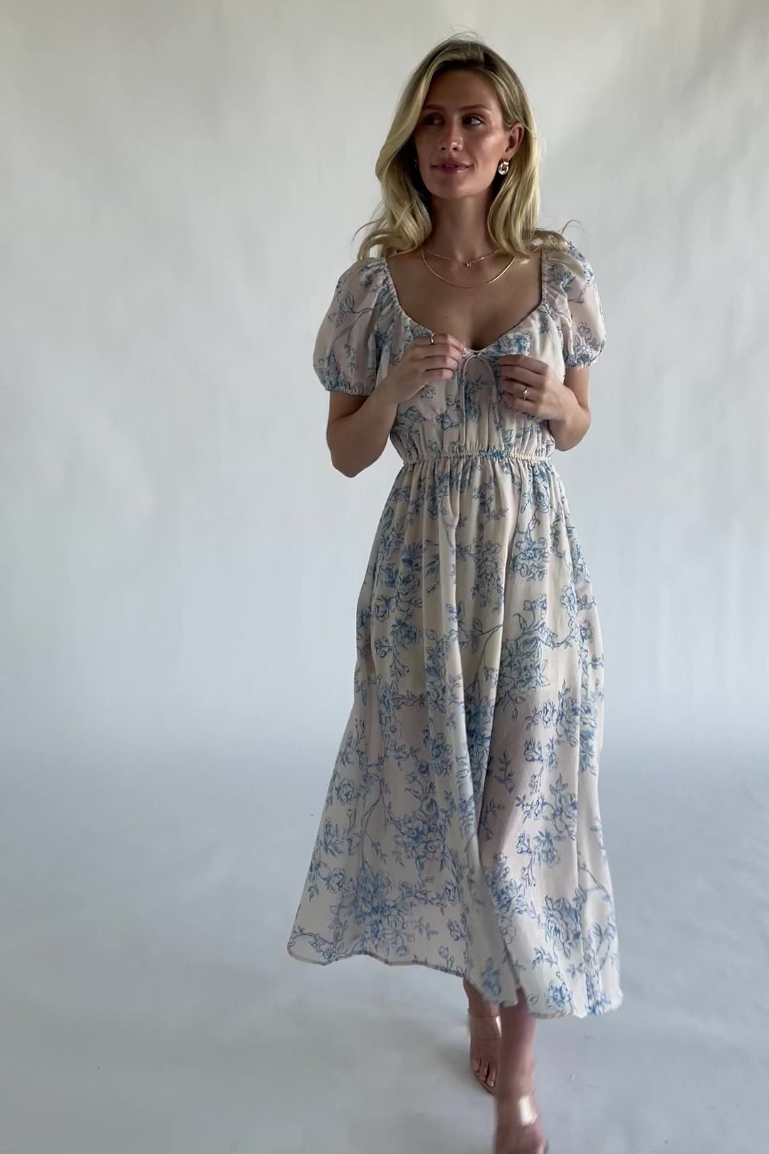 Baltic Born Womens Vada Midi Dress | Cream + Blue Floral