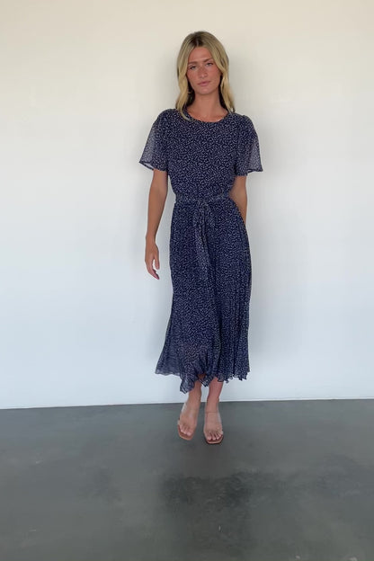 Prim Pleated Dress | Navy Print