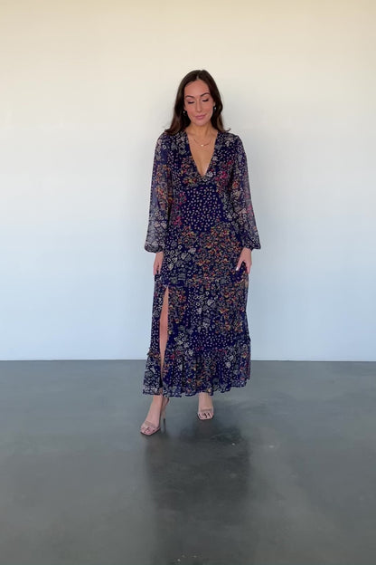 Bowman Deep V Maxi Dress | Dark Blue Multi