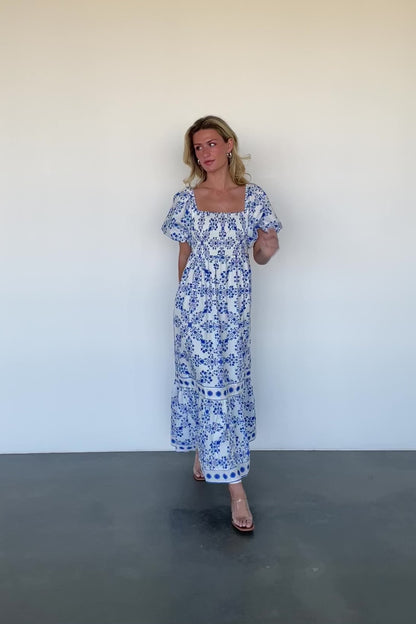 Lexa Smocked Maxi Dress | Off White + Blue Floral