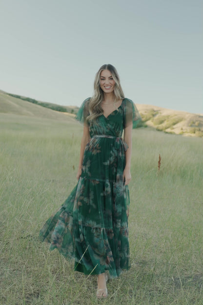 Nicola Tulle Maxi Dress | Deep Green Floral