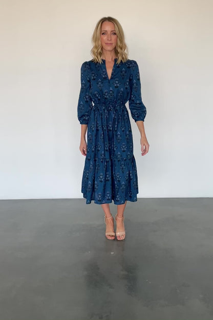 Mira Midi Dress | Deep Blue Print