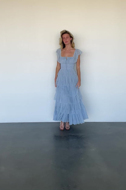 Valora Swiss Dot Tulle Maxi Dress | Light Blue