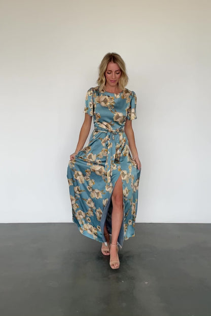 Agnes Satin Maxi Dress | Blue + Gold