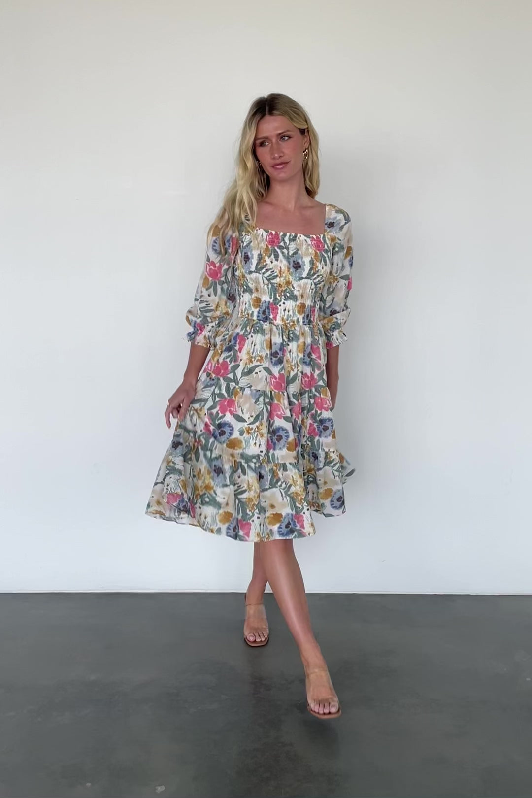 marta smocked midi dress Marta Smocked Tiered Midi Dress - Multi Floral