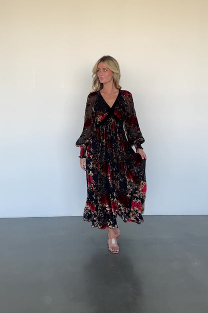 Adele Velvet Dress | Black + Rose Floral