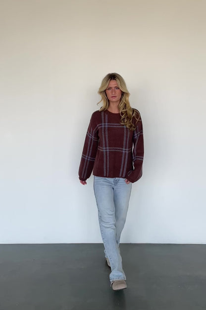 Francie Sweater | Brown + Blue Plaid