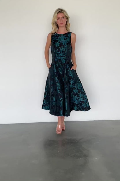 Maren Embossed Midi Dress | Black + Teal Floral